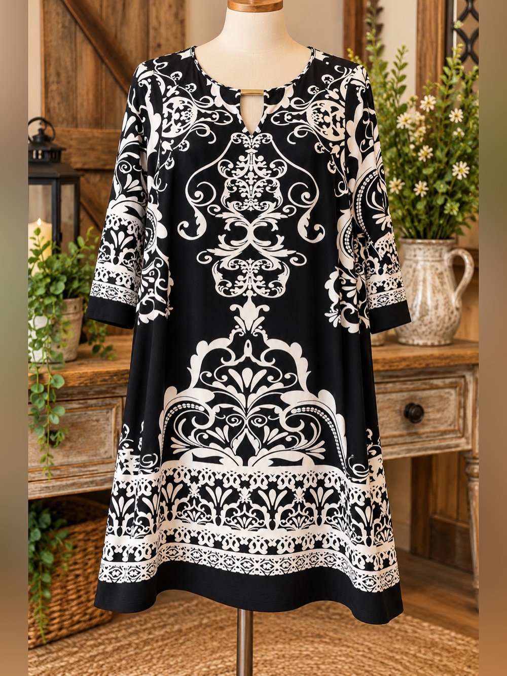 Haani Black & White Scroll-Print Plus-Size Dress